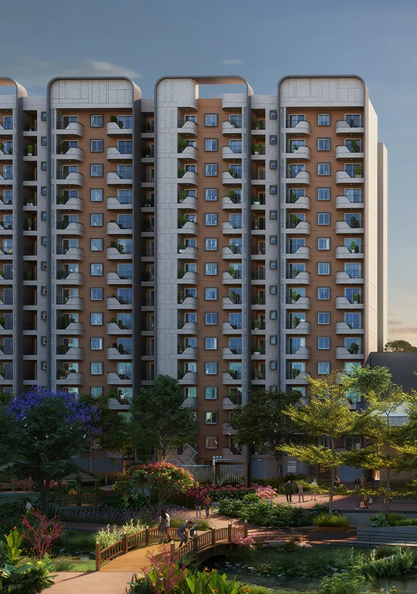 Modern apartment building with garden